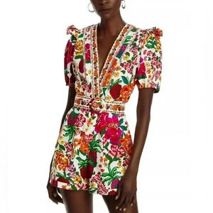 Farm Rio Floral Puff Sleeve Cotton Belted Romper Small S Short Sleeve Mini Dress